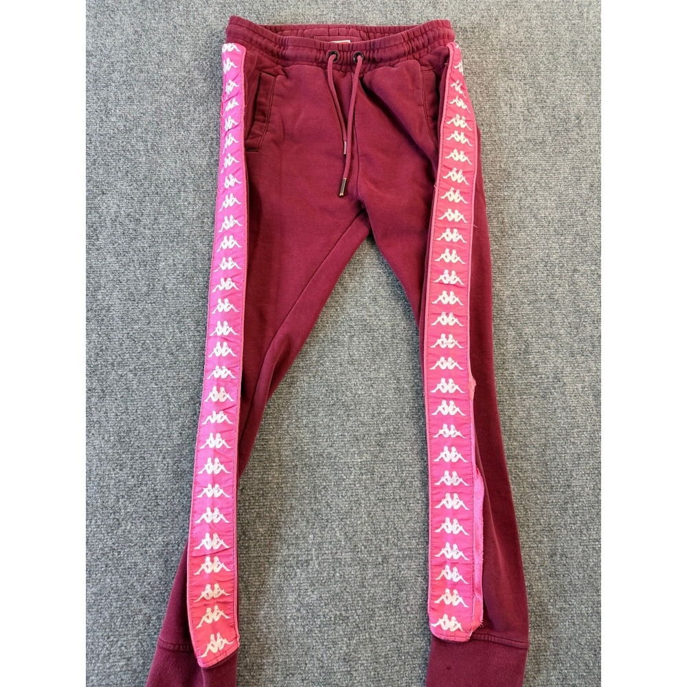 Kappa Unisex Sweatpants Joggers Small Maroon Pink Side Stripe Drawstring Cuffed